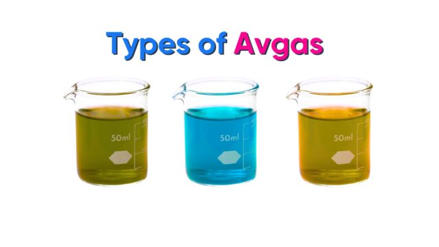 Three beakers containing different types of avgas which are coloured for easy identification.